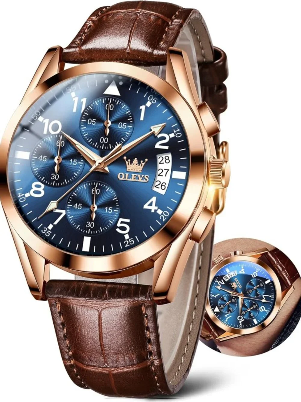 Stylish Brown Leather Men's Watch, Large Face Chronograph, Waterproof Analog